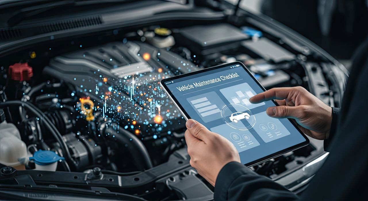 車のエンジンルームの横で、診断用アプリが表示されたタブレット端末を操作している様子